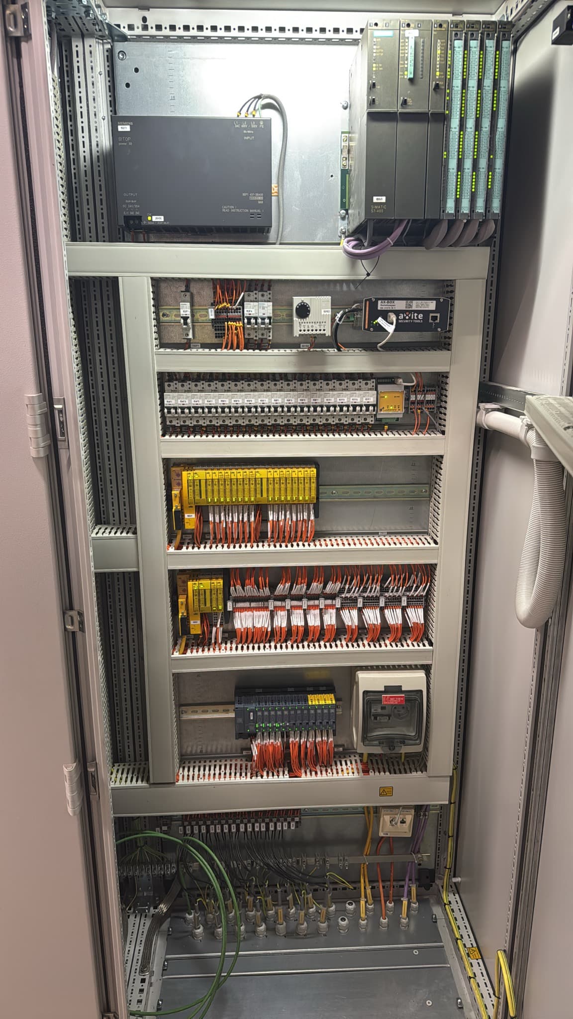 Control cabinet with a Siemens PLC and an AX-Box Gatekeeper on the rail below.