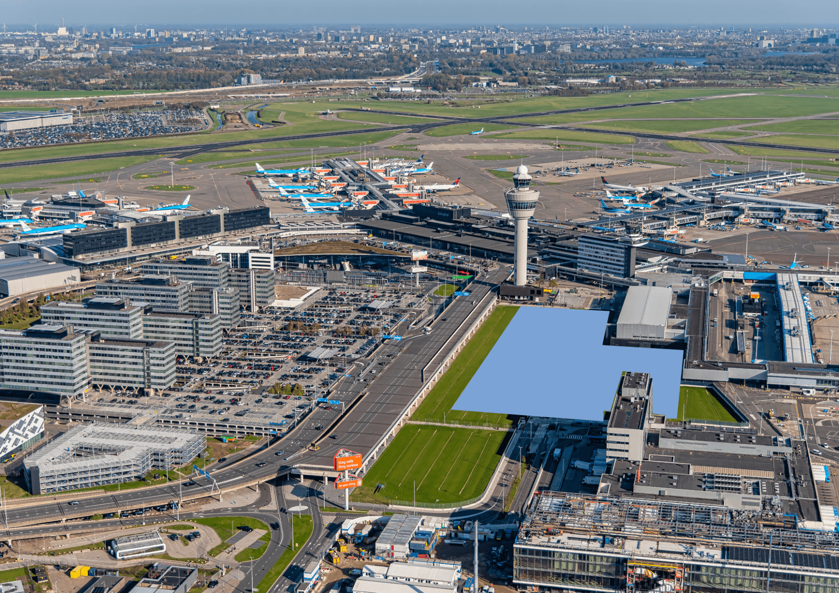 Aerial view of Amsterdam Airport Schiphol showing the baggage basement location
